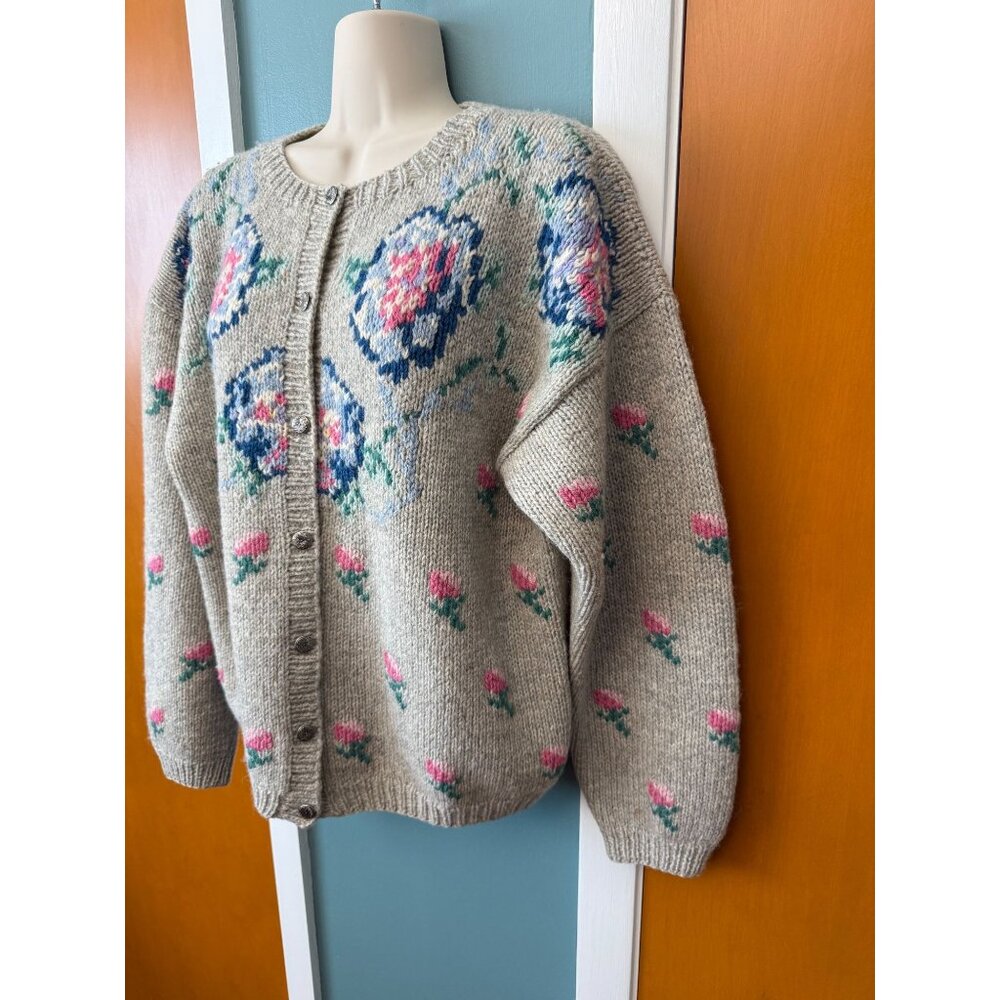 Vintage Eagles Eye Womens M Cardigan Wool Floral Tan Blue Pink Button Up Sweater - Picture 2 of 16